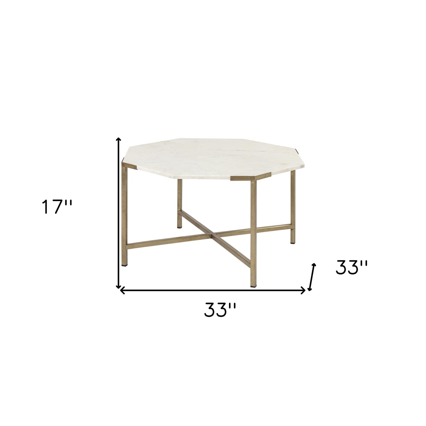 33" White And Gold Genuine Marble And Metal Hexagon Coffee Table