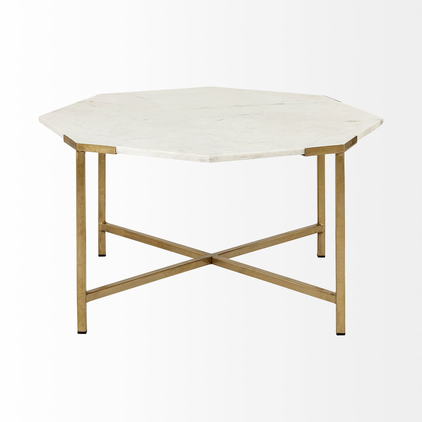 33" White And Gold Genuine Marble And Metal Hexagon Coffee Table