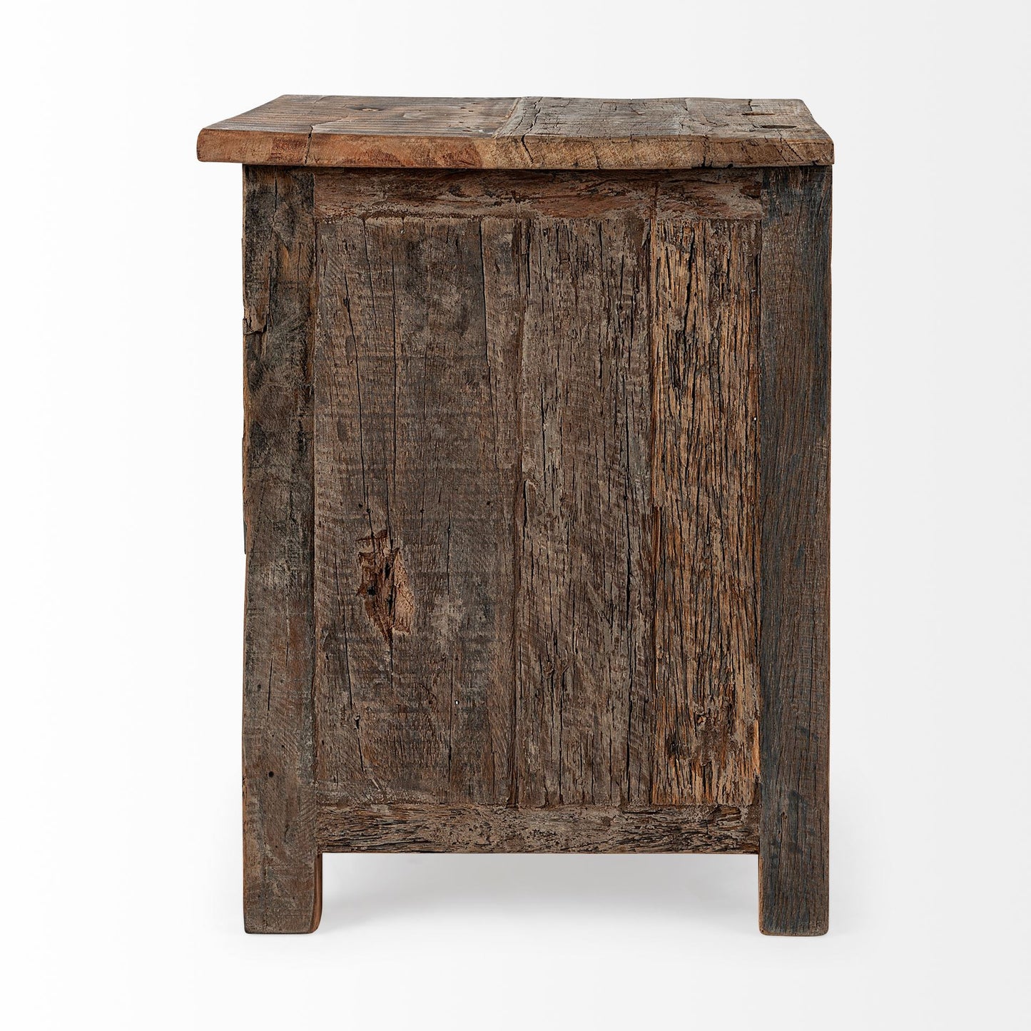 Medium Brown Wood Square Top End Table With Rustic Metal Drawers