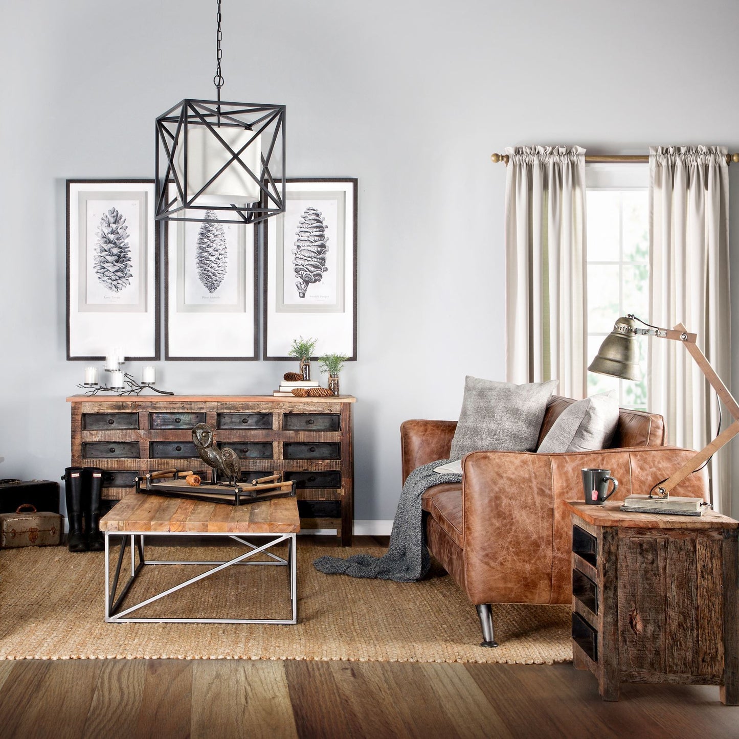 Medium Brown Wood Square Top End Table With Rustic Metal Drawers