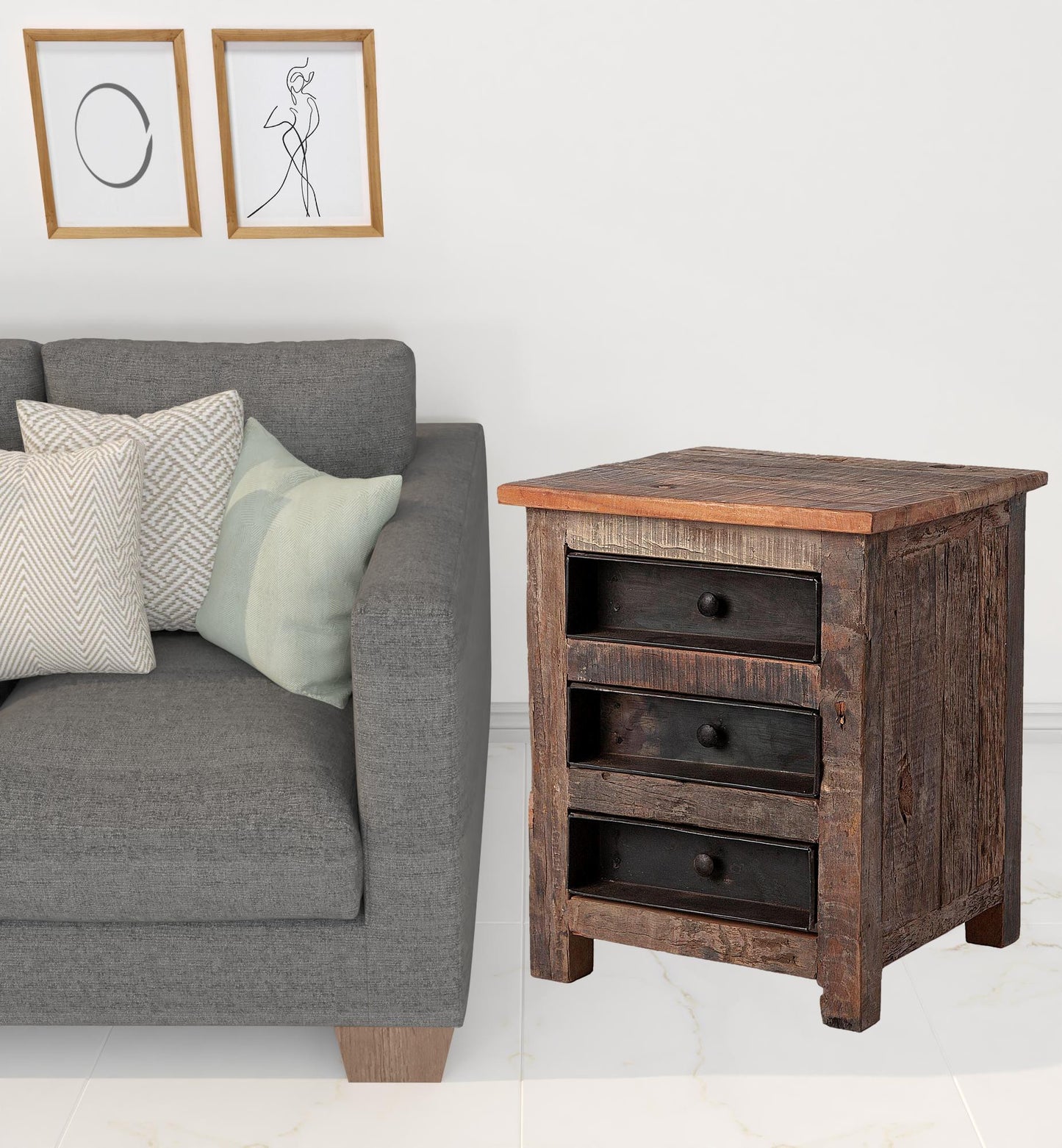 Medium Brown Wood Square Top End Table With Rustic Metal Drawers