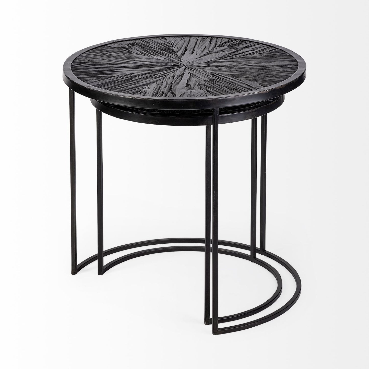 Set Of 2 Dark Wood Round Top Accent Tables With Black Iron Frame