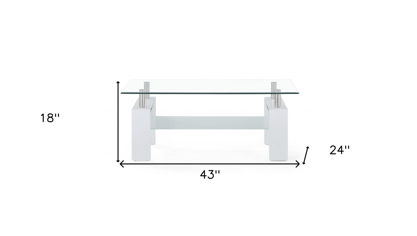 43" Clear And White Glass Coffee Table With Shelf