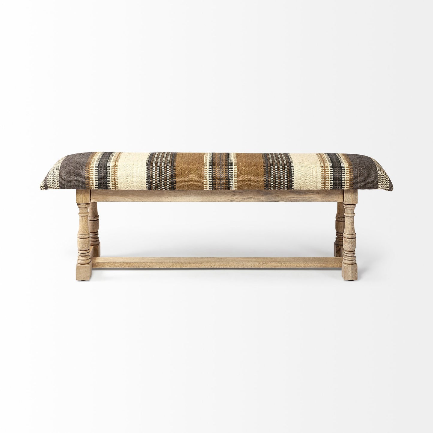 14" Beige and Gray and Brown Upholstered Cotton Blend Striped Bench