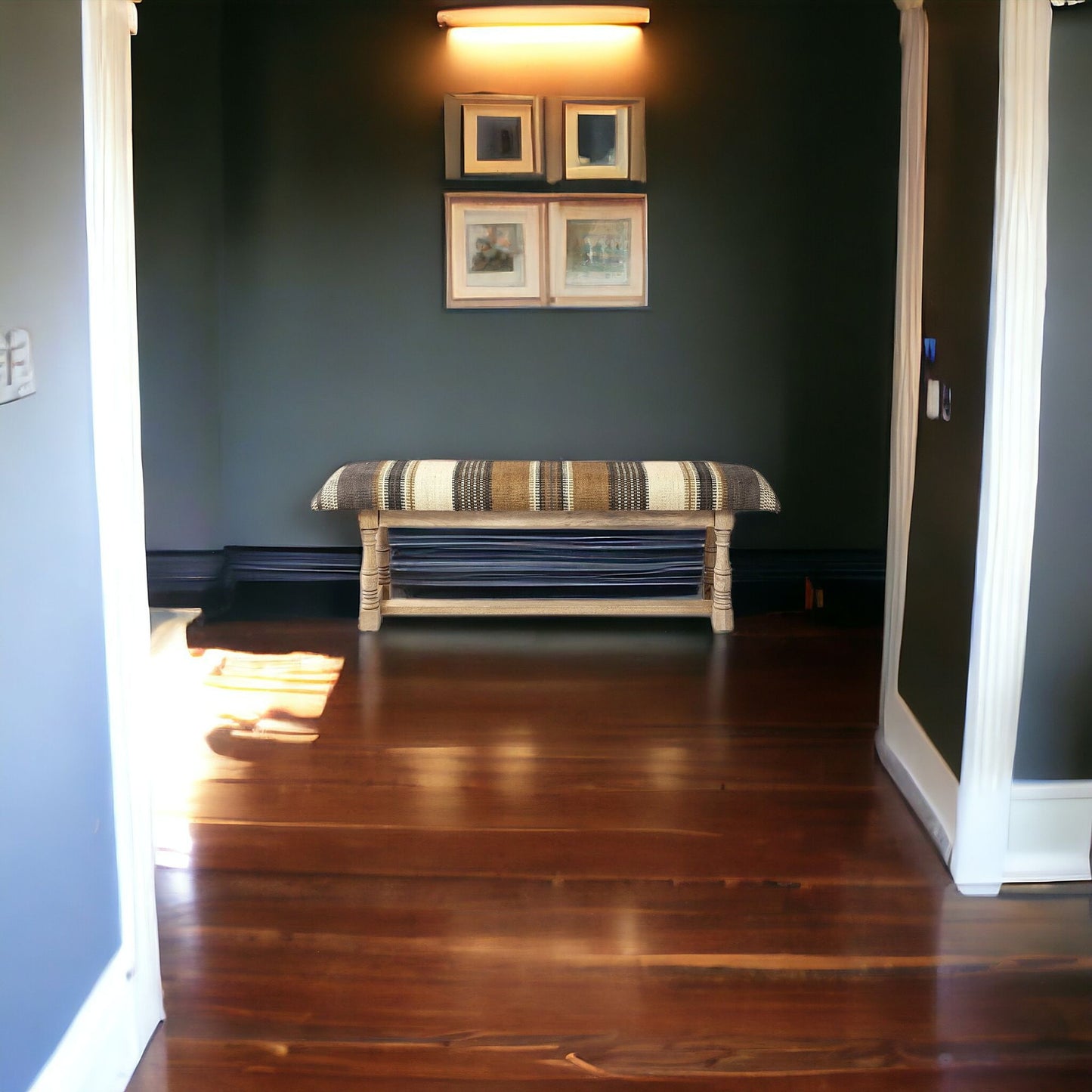 14" Beige and Gray and Brown Upholstered Cotton Blend Striped Bench