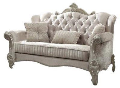 69" Ivory Polyester Blend Chesterfield Loveseat and Toss Pillows