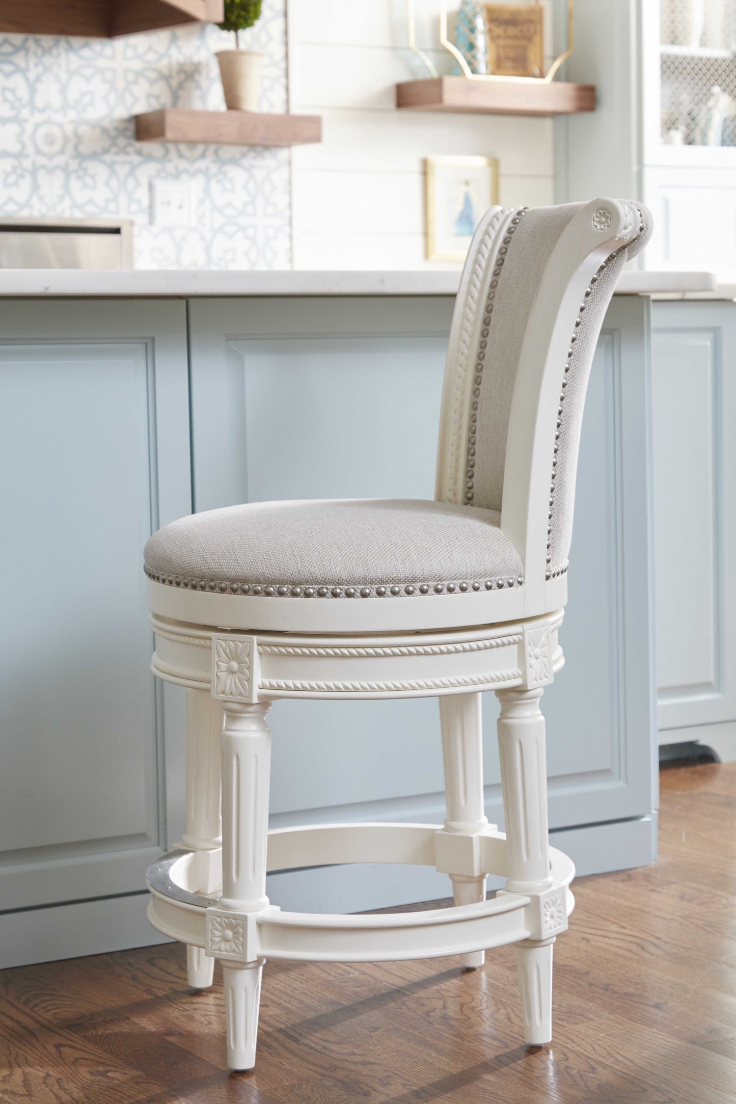 " Light Gray And White Swivel Bar Chair