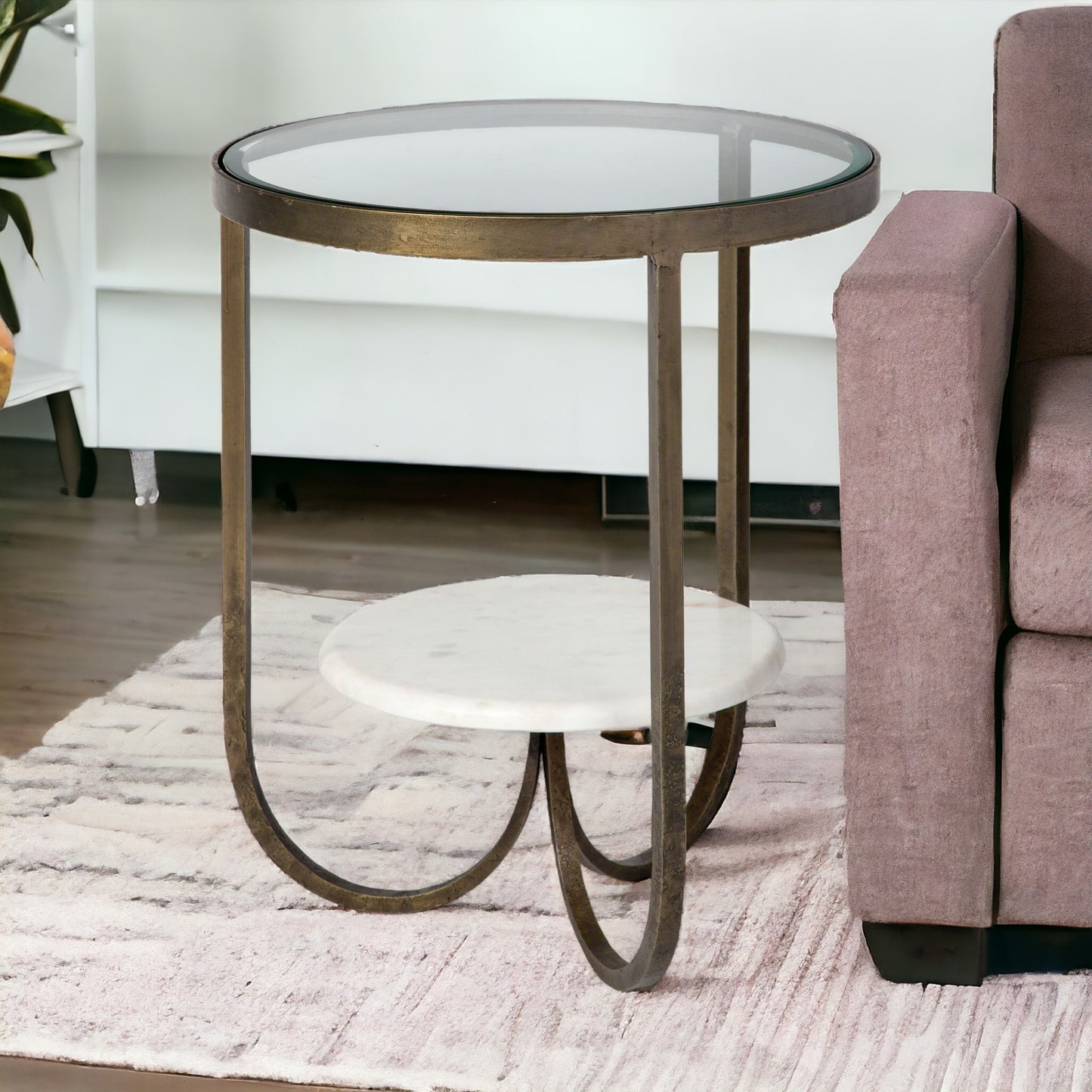 Round Glass Top Metal Side Table With Marble Shelf On Bottom