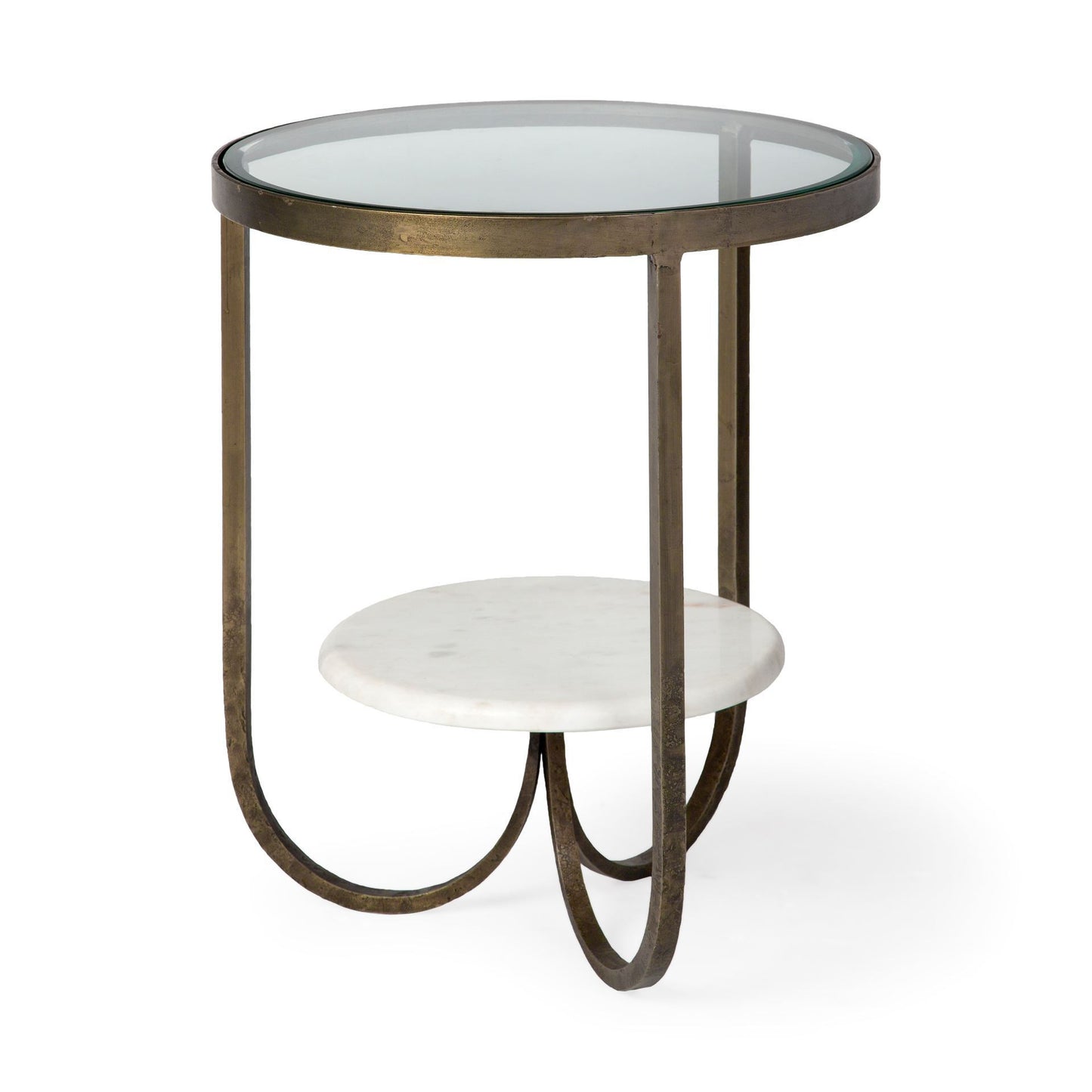 Round Glass Top Metal Side Table With Marble Shelf On Bottom