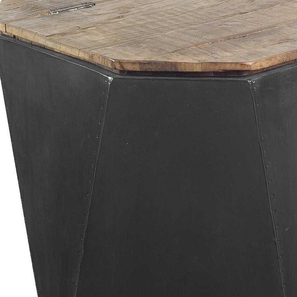 Black Metal And Natural Wood Hinged-Top Side Table