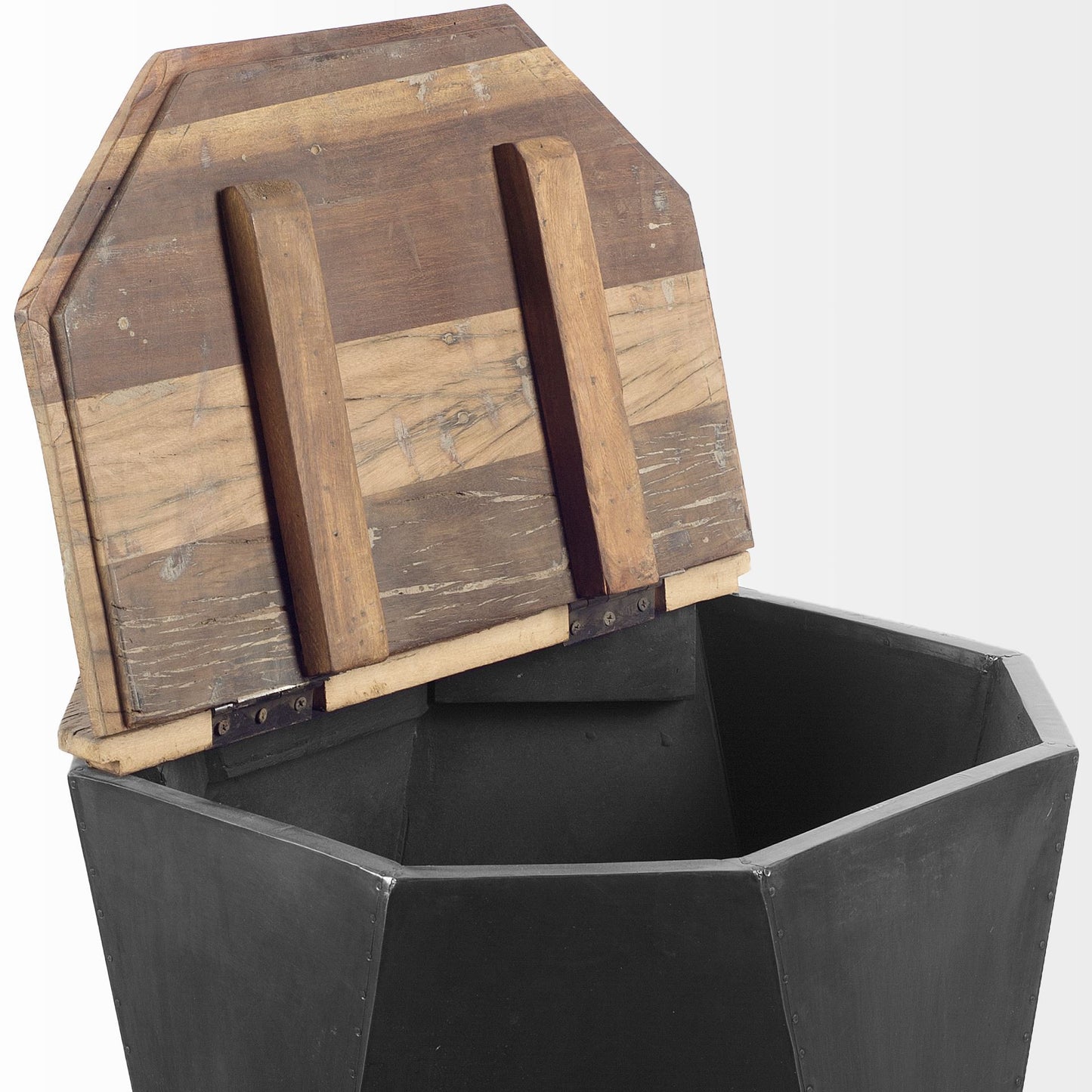 Black Metal And Natural Wood Hinged-Top Side Table