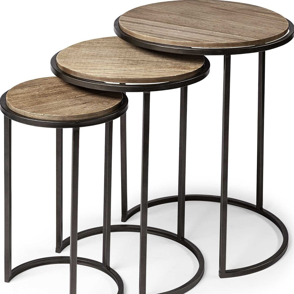 Set Of 3 Brown Wood Round Top Accent Tables With Iron Nesting