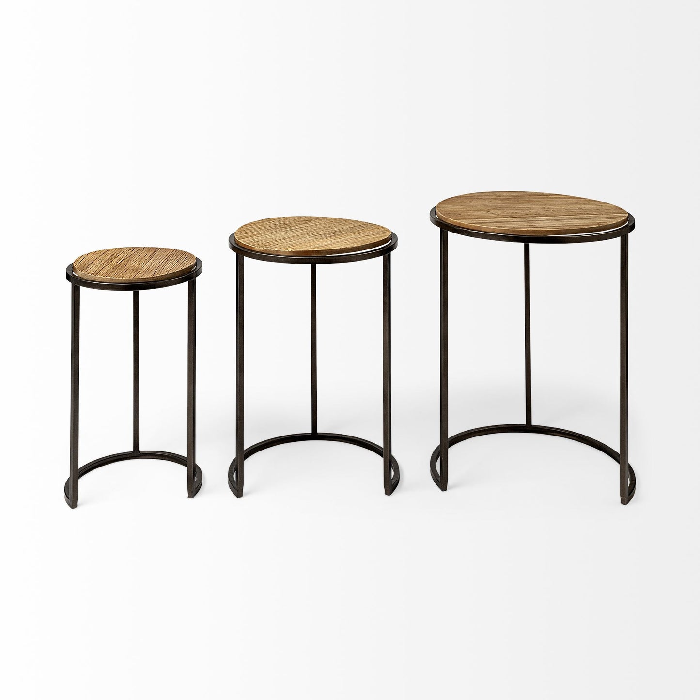 Set Of 3 Brown Wood Round Top Accent Tables With Iron Nesting