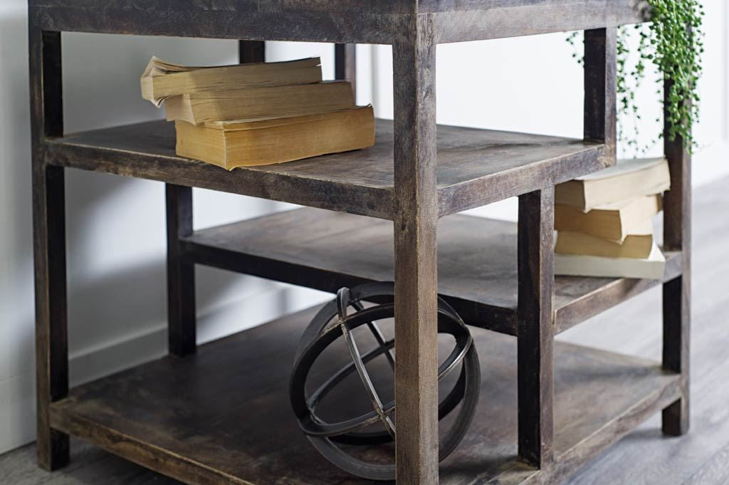 Medium Brown Wooden Square Top End Table With Multi-Shelf