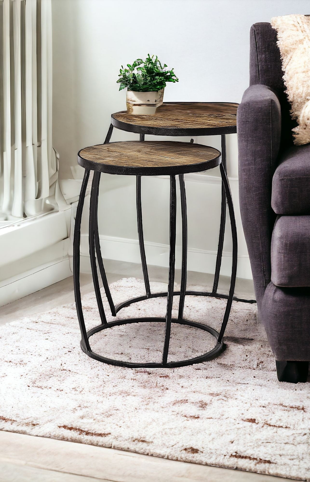 Set Of 2 Medium Brown Wooden Round Top Accent Tables With Black Metal Frame Nesting Tables