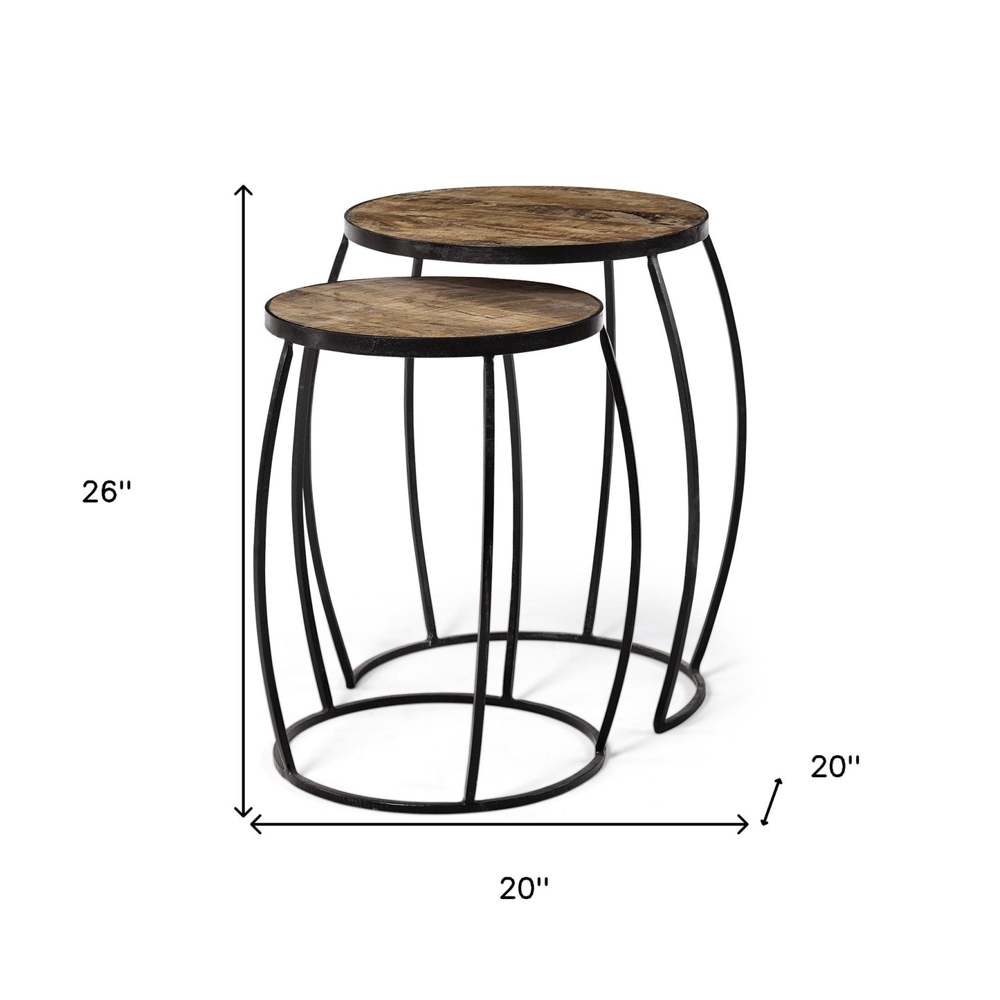 Set Of 2 Medium Brown Wooden Round Top Accent Tables With Black Metal Frame Nesting Tables