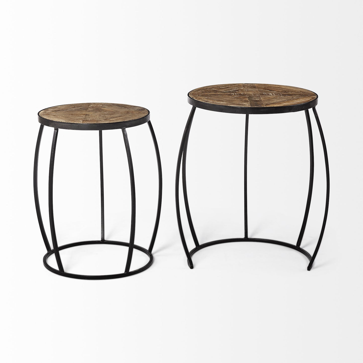 Set Of 2 Medium Brown Wooden Round Top Accent Tables With Black Metal Frame Nesting Tables