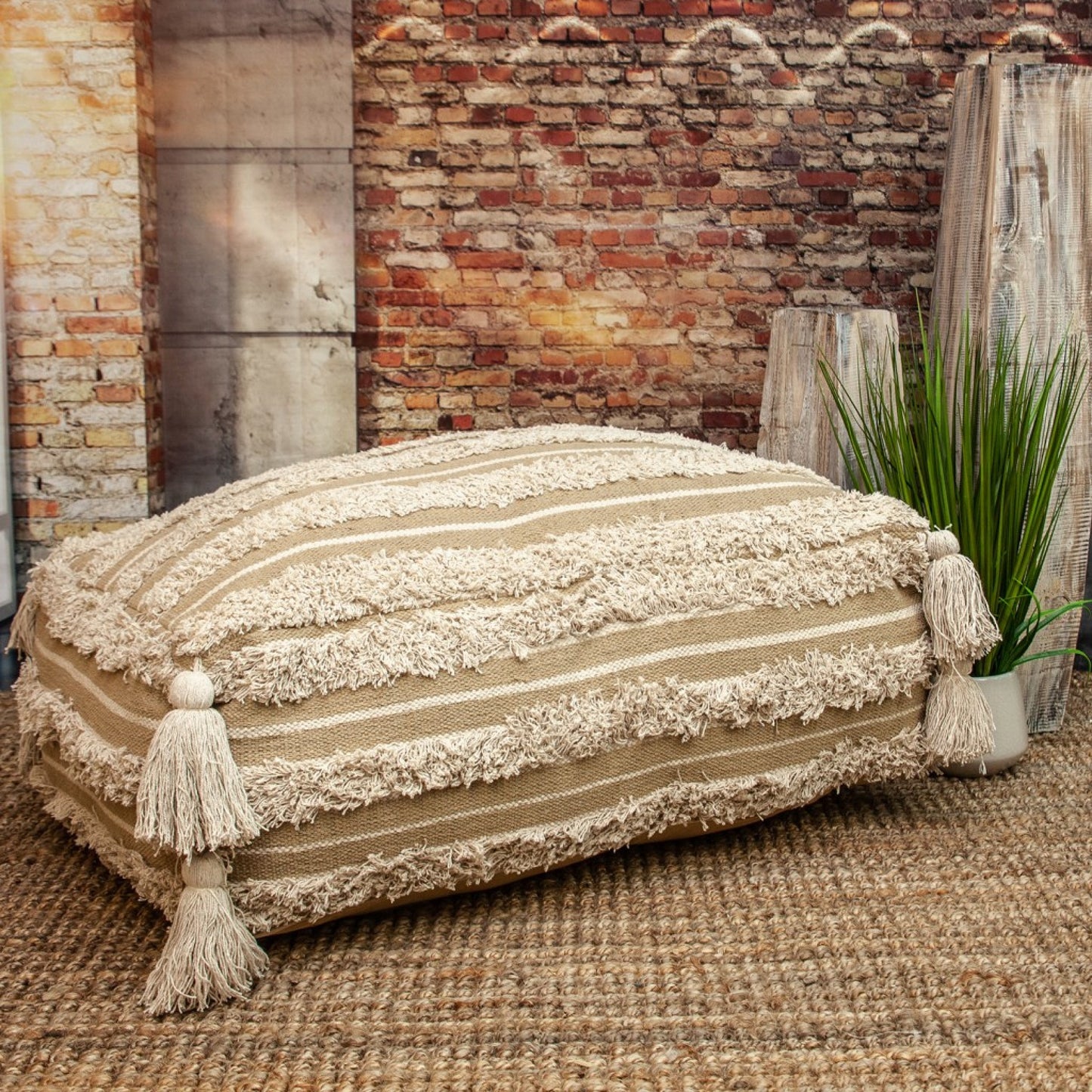 Camel Fringe Striped Pouf