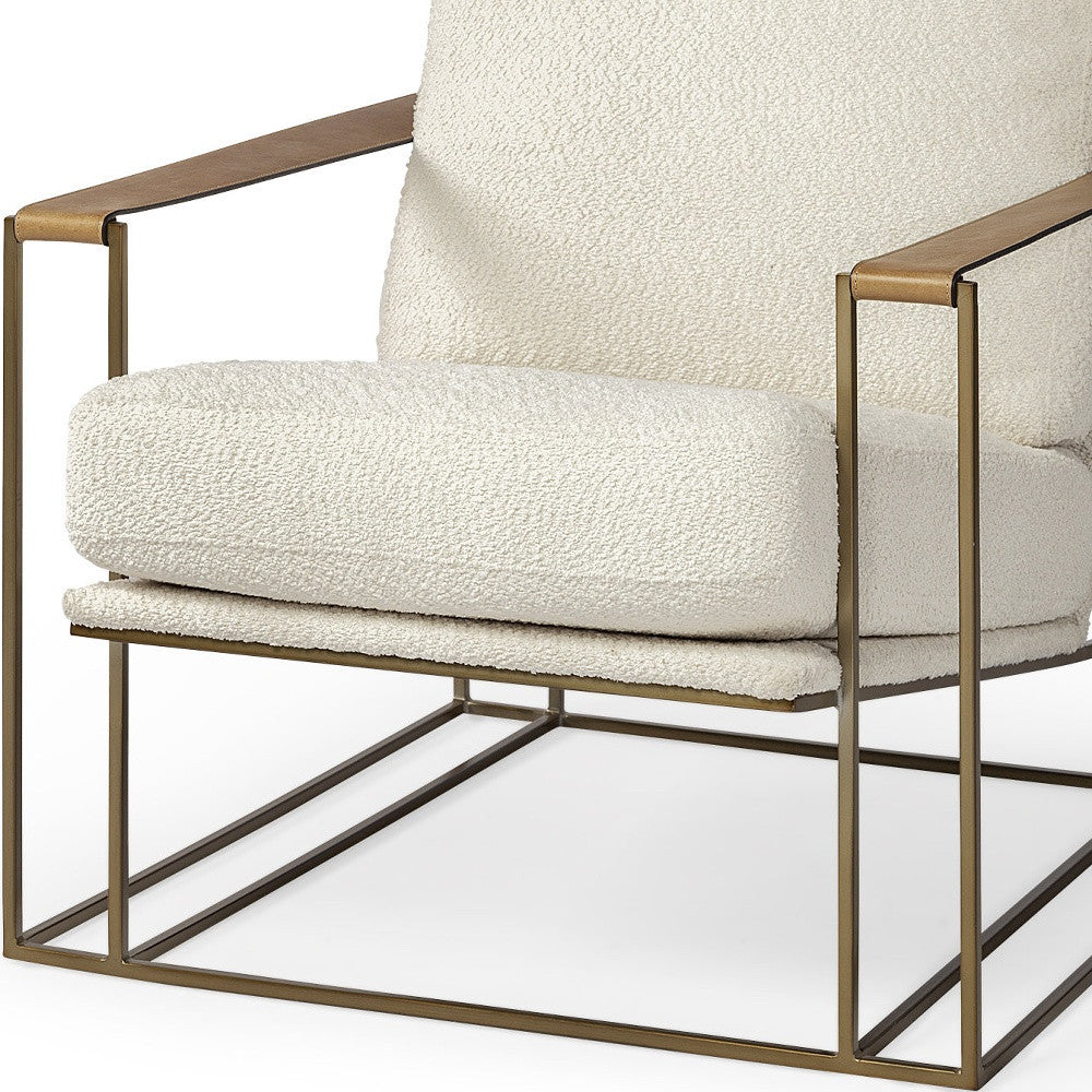 34" Cream And Wood Brown Linen Arm Chair