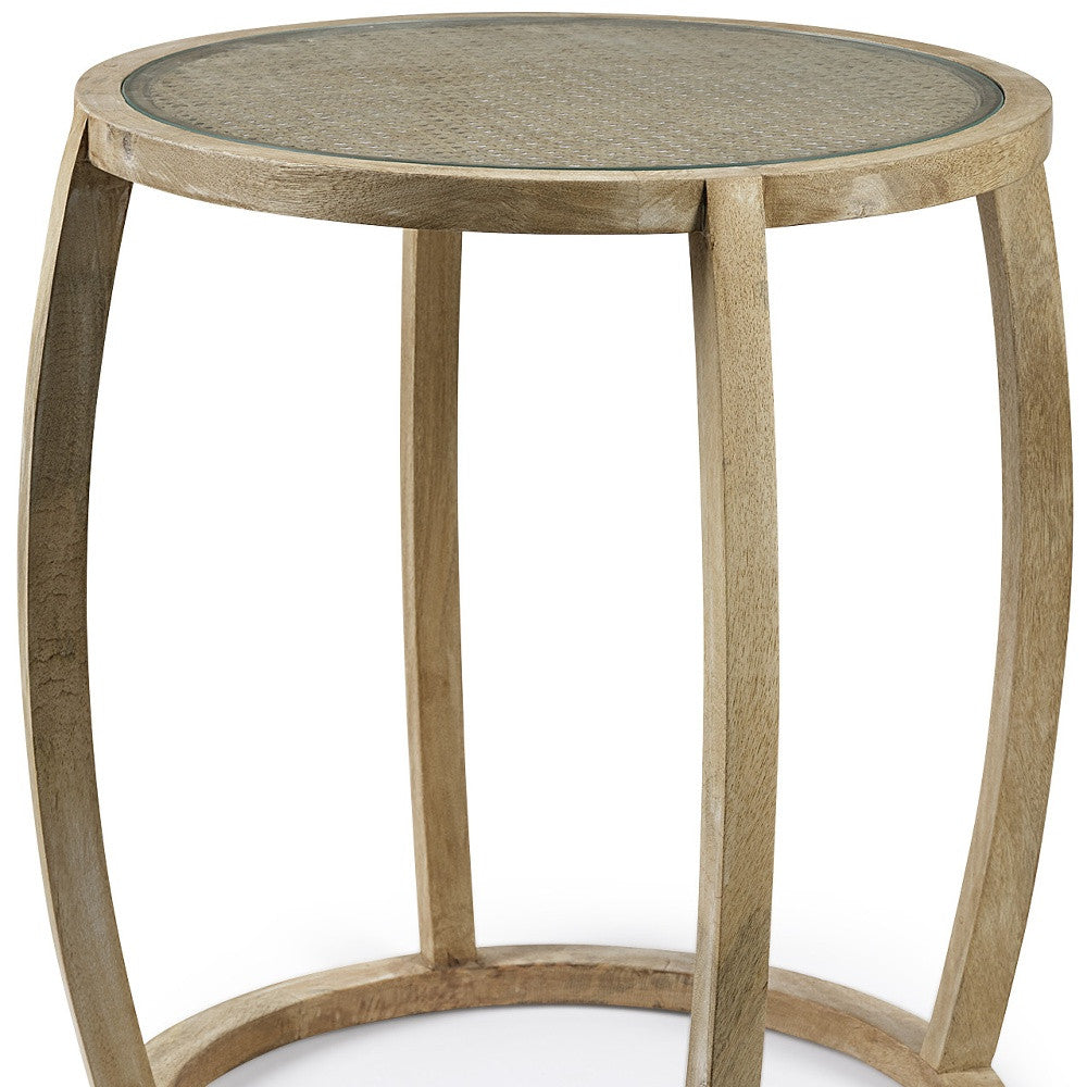 Light Brown Wood Round Top Accent Table With Glass