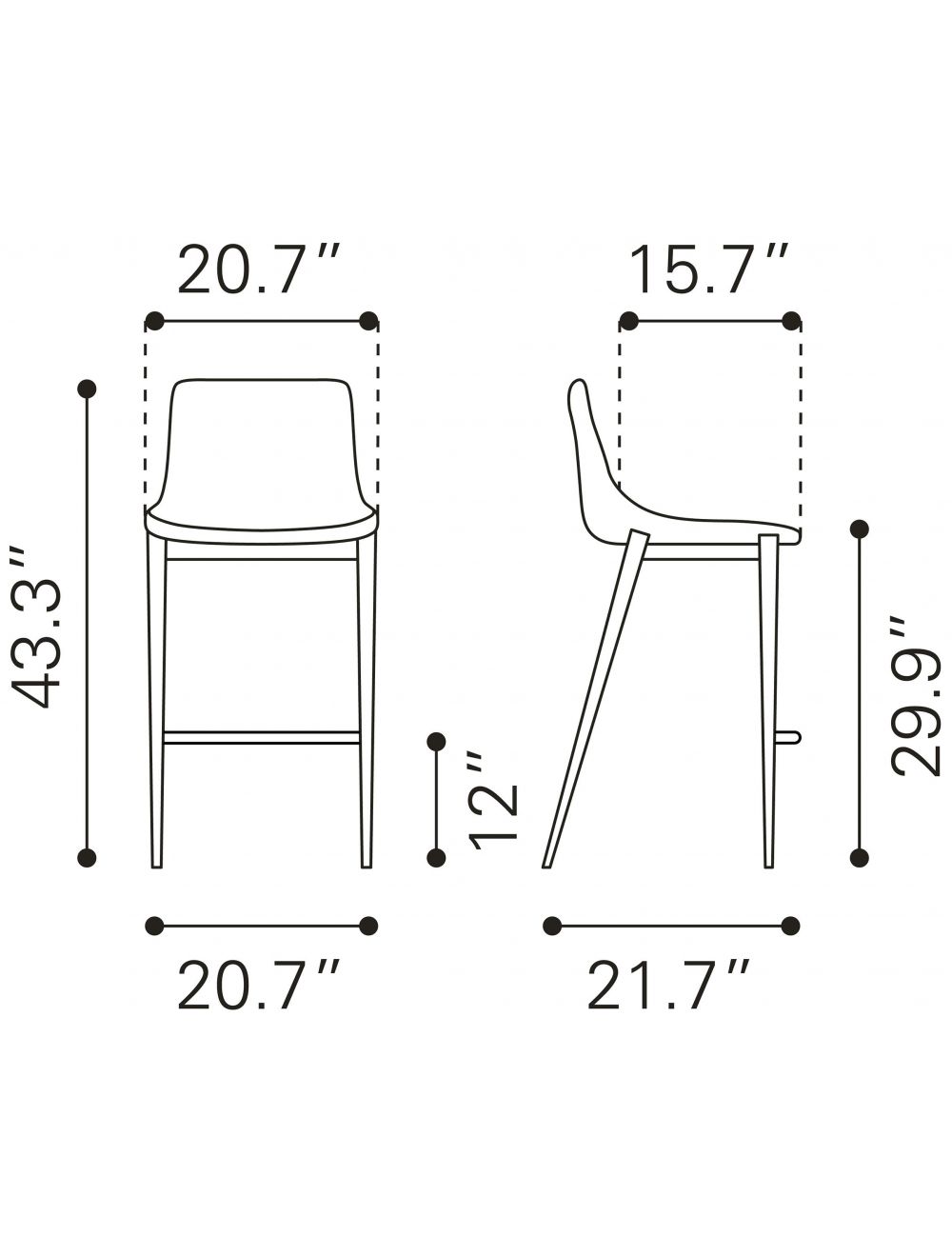 Set of Two 30" Black Steel Low Back Bar Height Bar Chairs