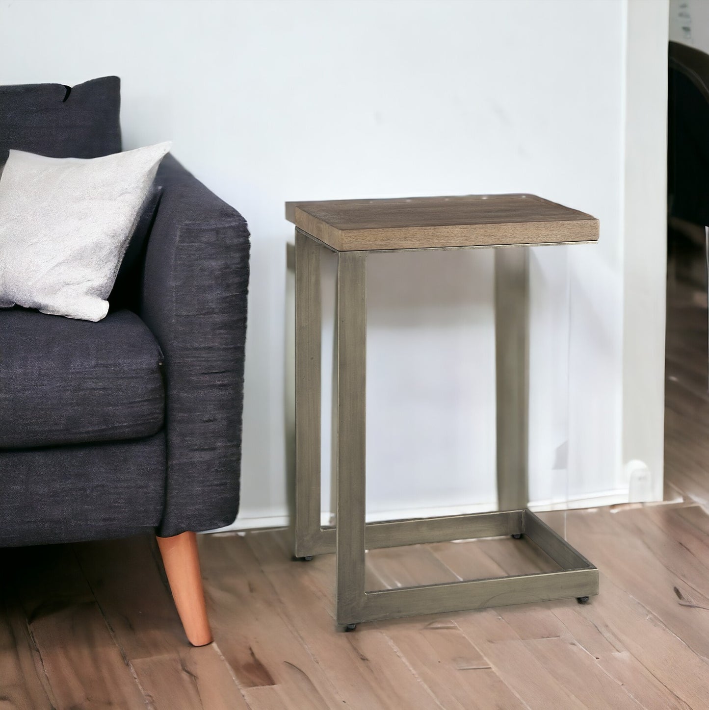Modern Light Wash And Nickel C Shape Tv Table