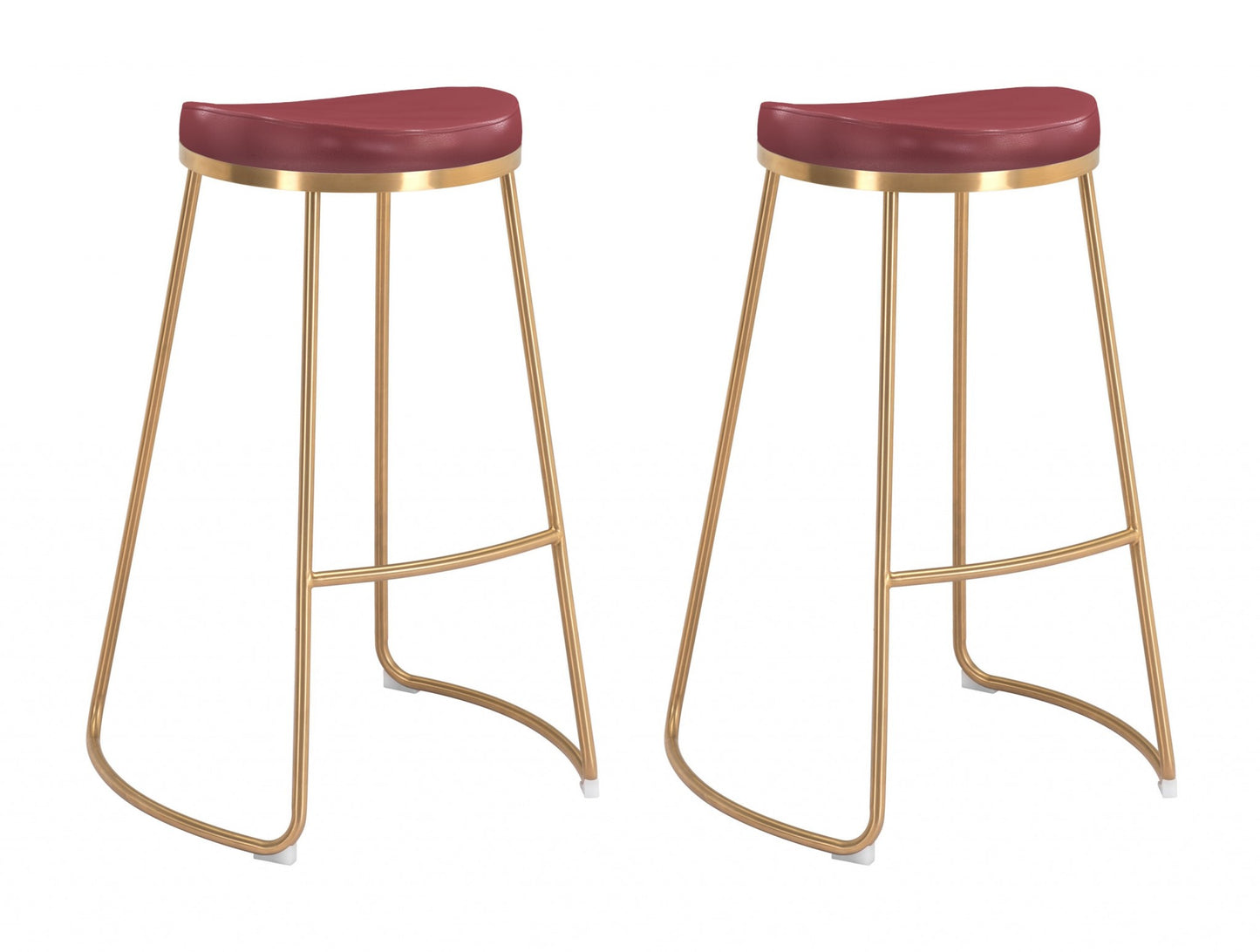 Set of Two 31" Burgundy And Gold Steel Backless Bar Height Bar Chairs