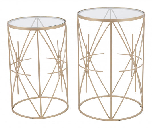 Set of Two Geometric Gold and Glass Side Tables