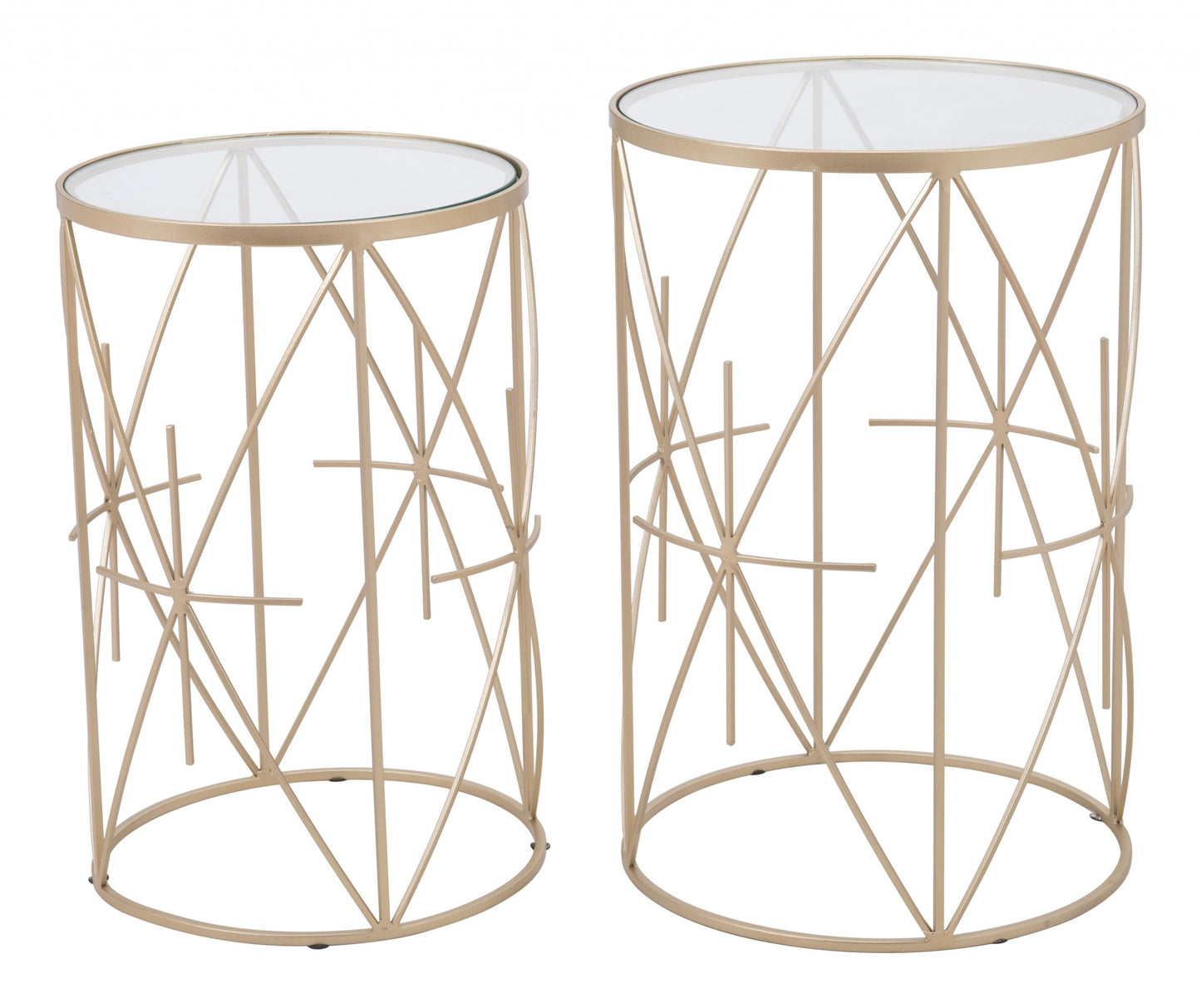 Set of Two Geometric Gold and Glass Side Tables