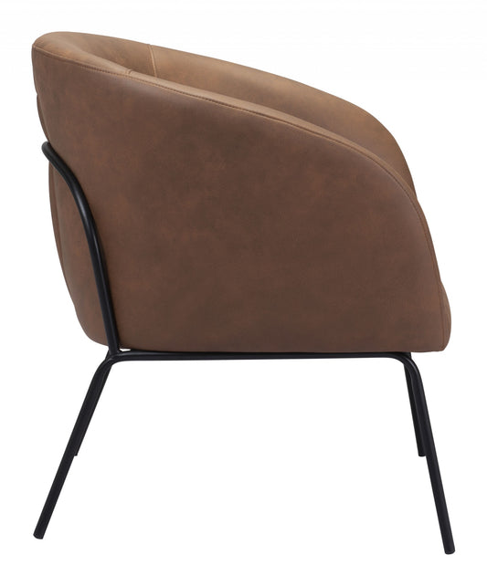 28" Brown Faux Leather And Gold Arm Chair