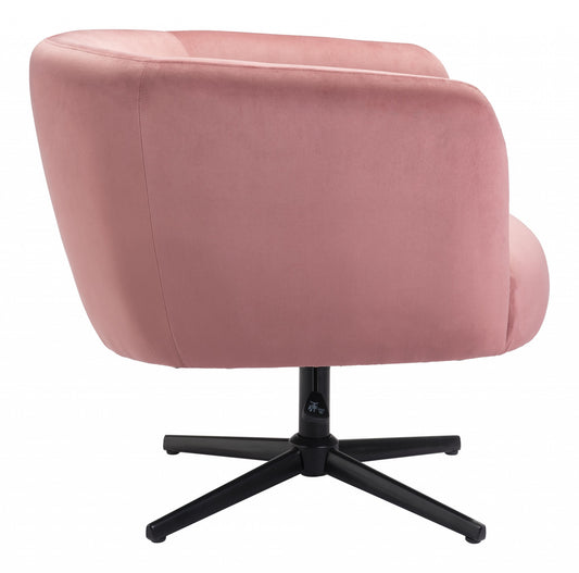 30" Pink And Black Velvet Swivel Barrel Chair