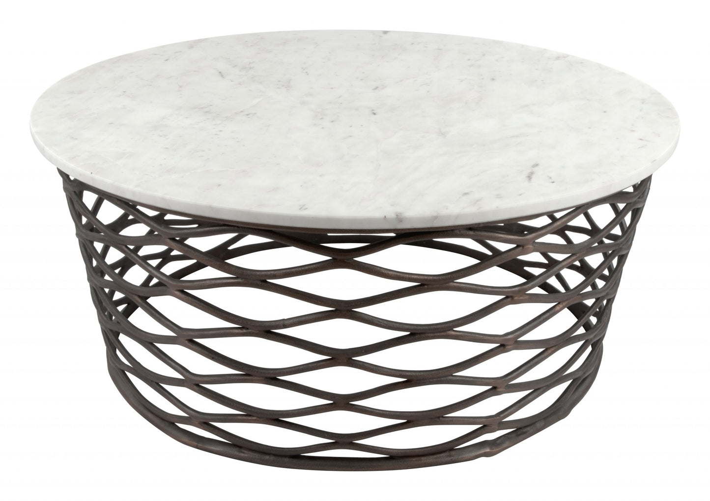 36" Antiqued Bronze And White Genuine Marble Round Coffee Table