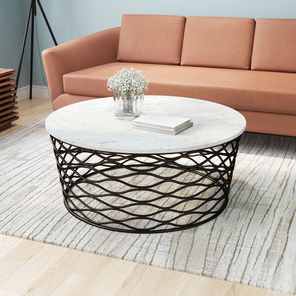 36" Antiqued Bronze And White Genuine Marble Round Coffee Table