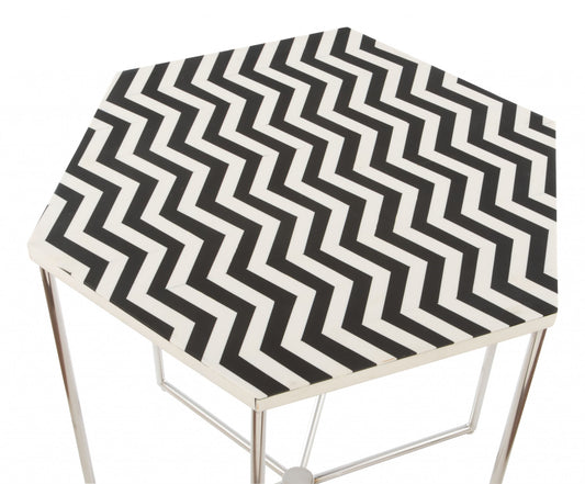 21" Silver And Black And White Stone Hexagon End Table