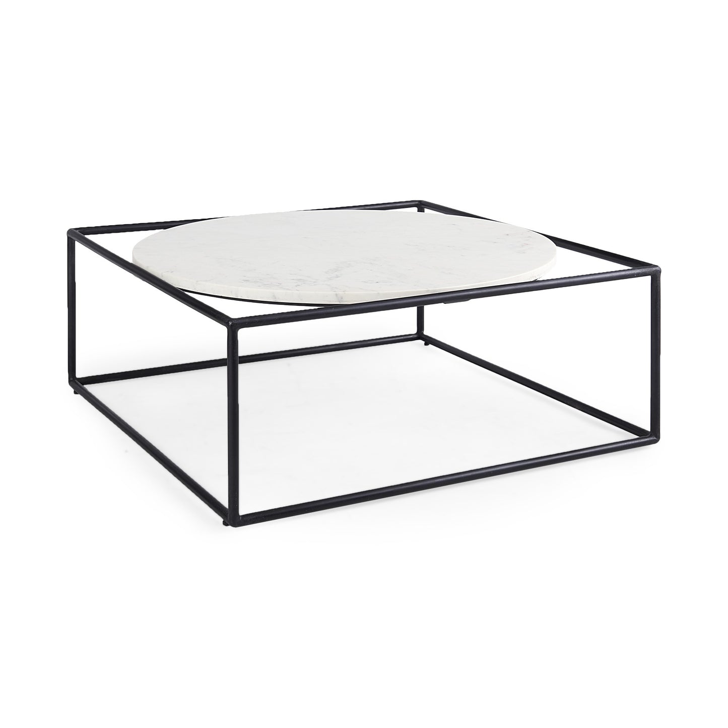 36" White And Black Genuine Marble And Metal Square Coffee Table