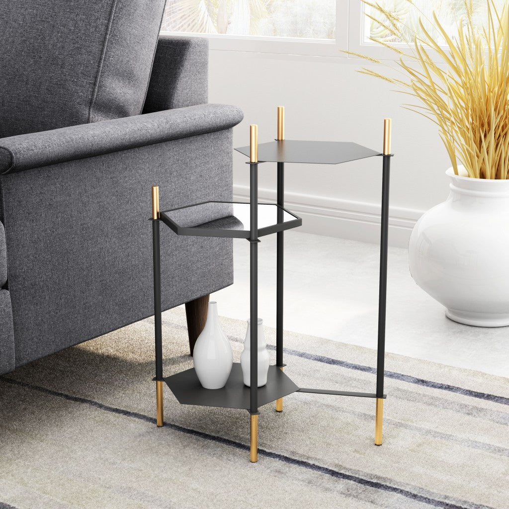 27" Gold And Black Glass End Table With Two Shelves