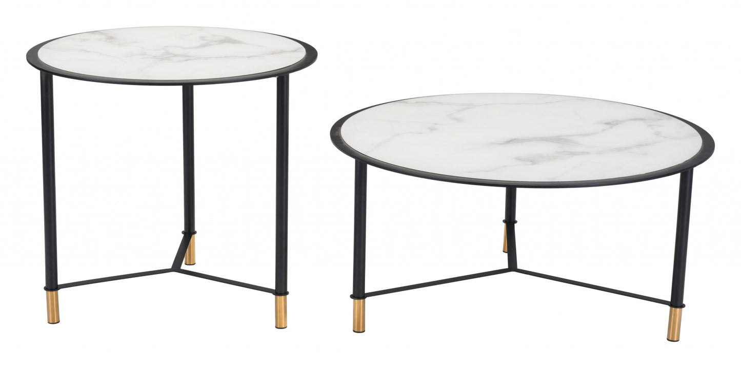 Set Of Two 32" Black And White Faux Marble Glass Round Coffee Tables