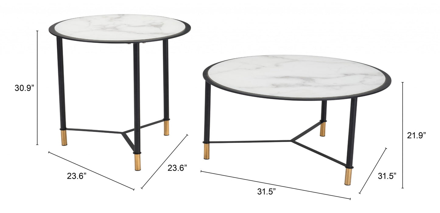 Set Of Two 32" Black And White Faux Marble Glass Round Coffee Tables