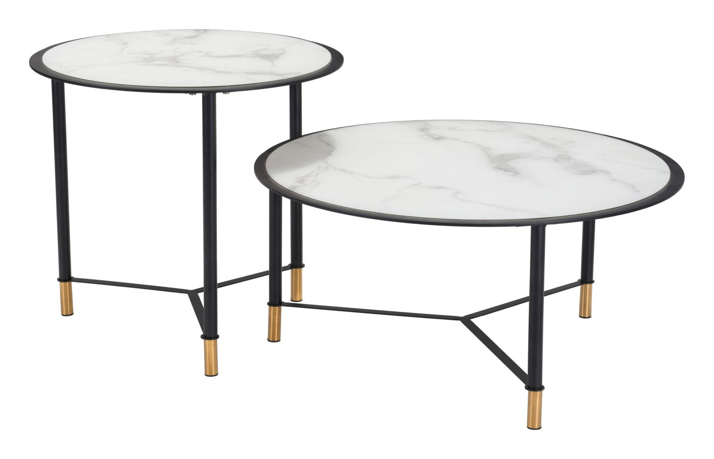 Set Of Two 32" Black And White Faux Marble Glass Round Coffee Tables