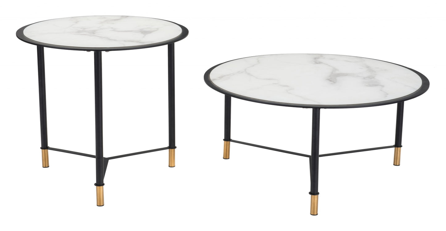 Set Of Two 32" Black And White Faux Marble Glass Round Coffee Tables