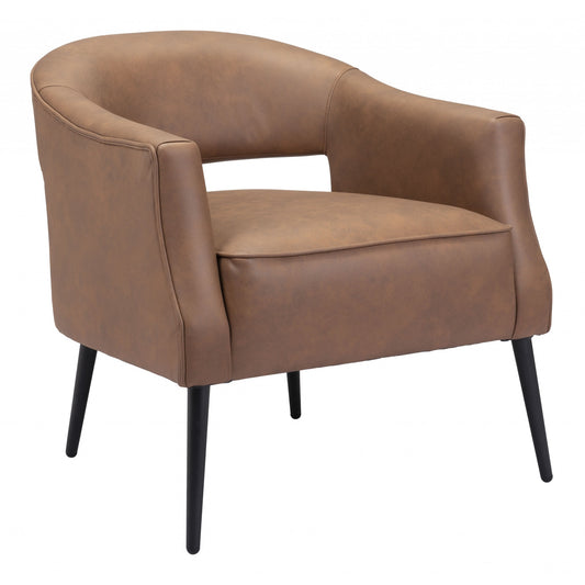 27" Brown Faux Leather And Gold Arm Chair
