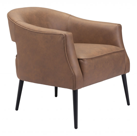 27" Brown Faux Leather And Gold Arm Chair