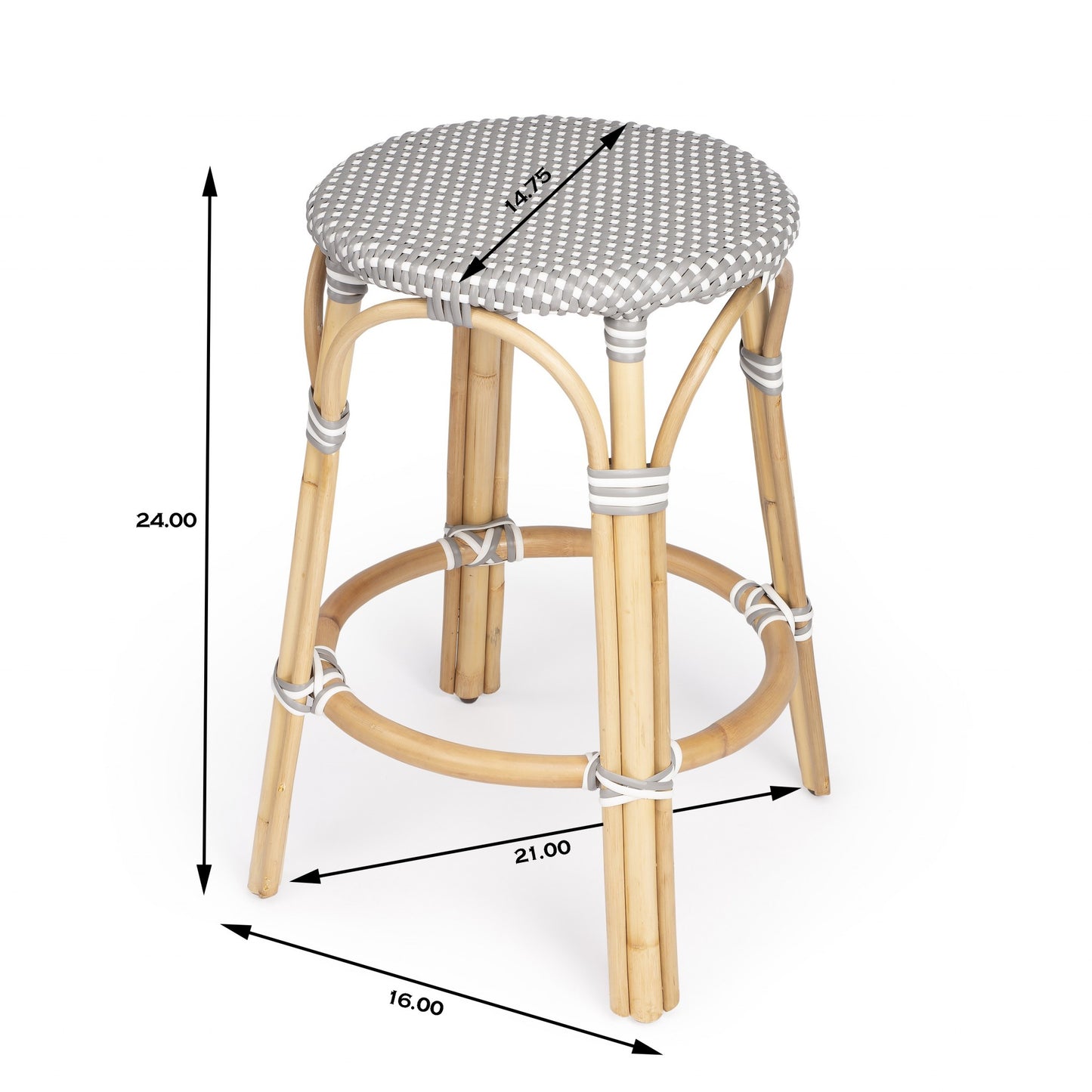 24" Grey And Natural Rattan Backless Counter Height Bar Chair