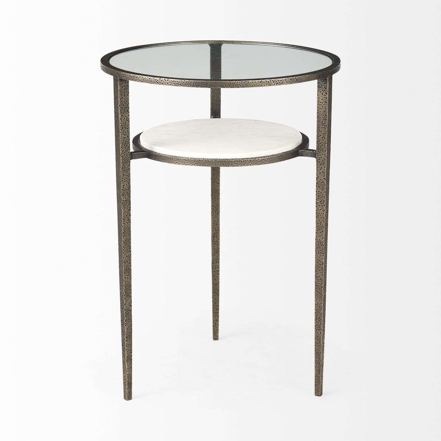 Updated Rustic Glass And Marble Antiqued Gold End Table