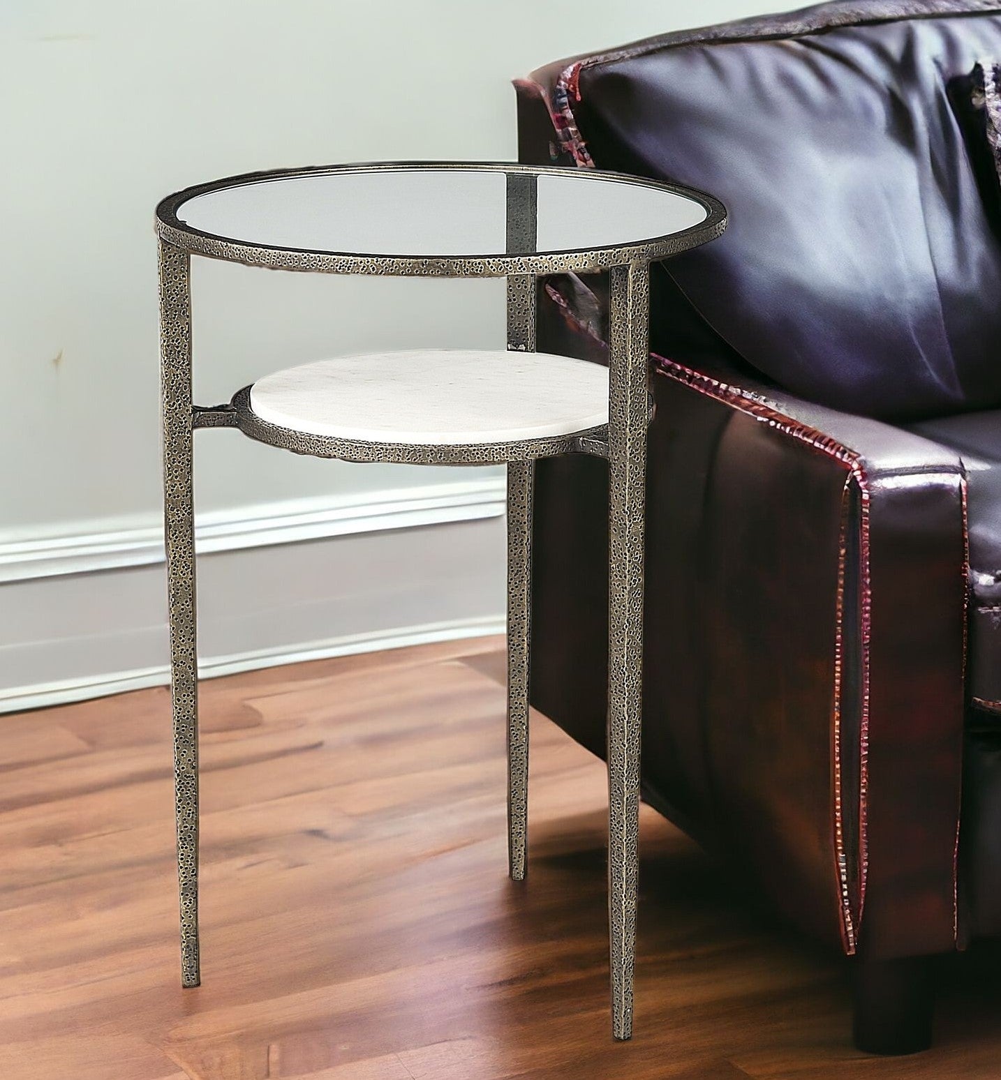 Updated Rustic Glass And Marble Antiqued Gold End Table