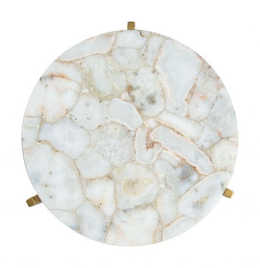 20" Gold And White Genuine Marble Look Round End Table