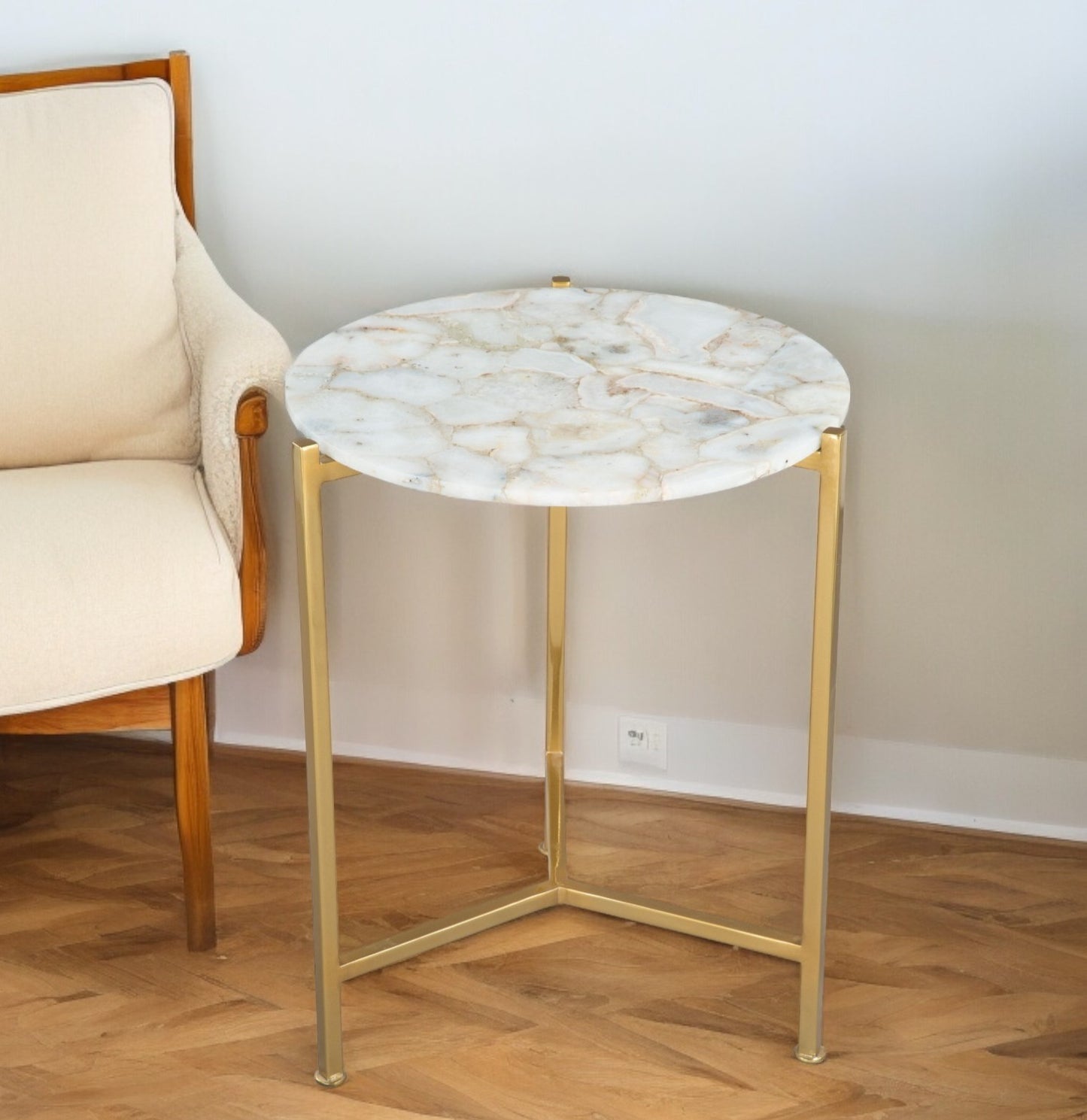 20" Gold And White Genuine Marble Look Round End Table