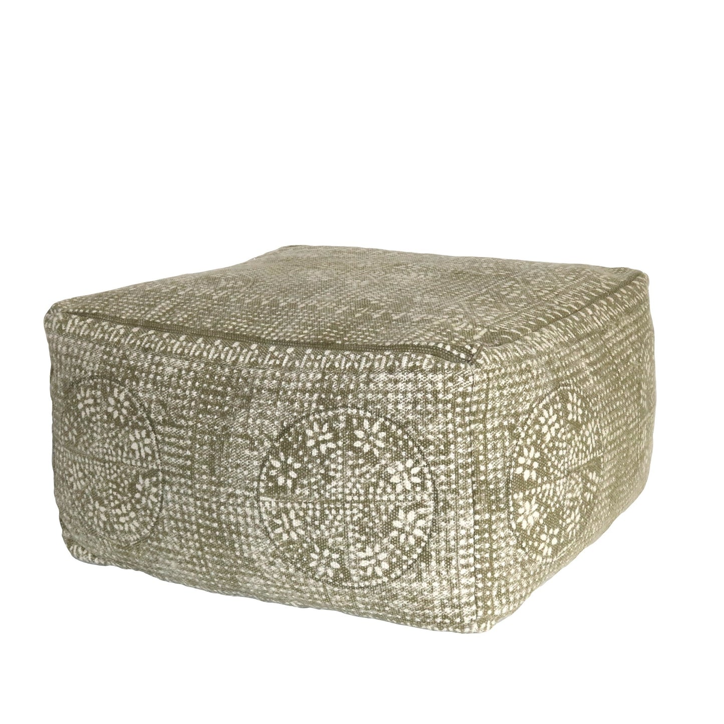 Olive Green Patterned Square Pouf