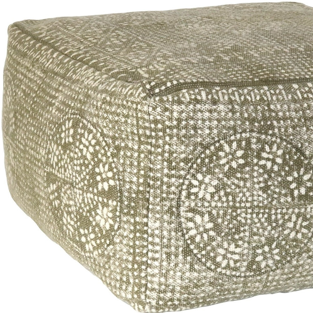 Olive Green Patterned Square Pouf