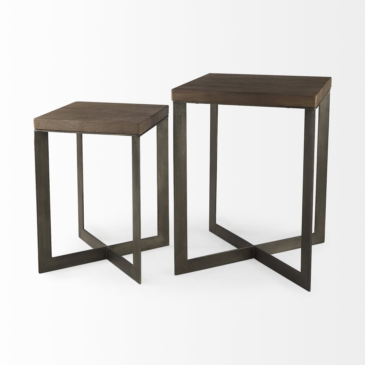 Set Of Two Geo Dark Brown Metallic And Wood Tables